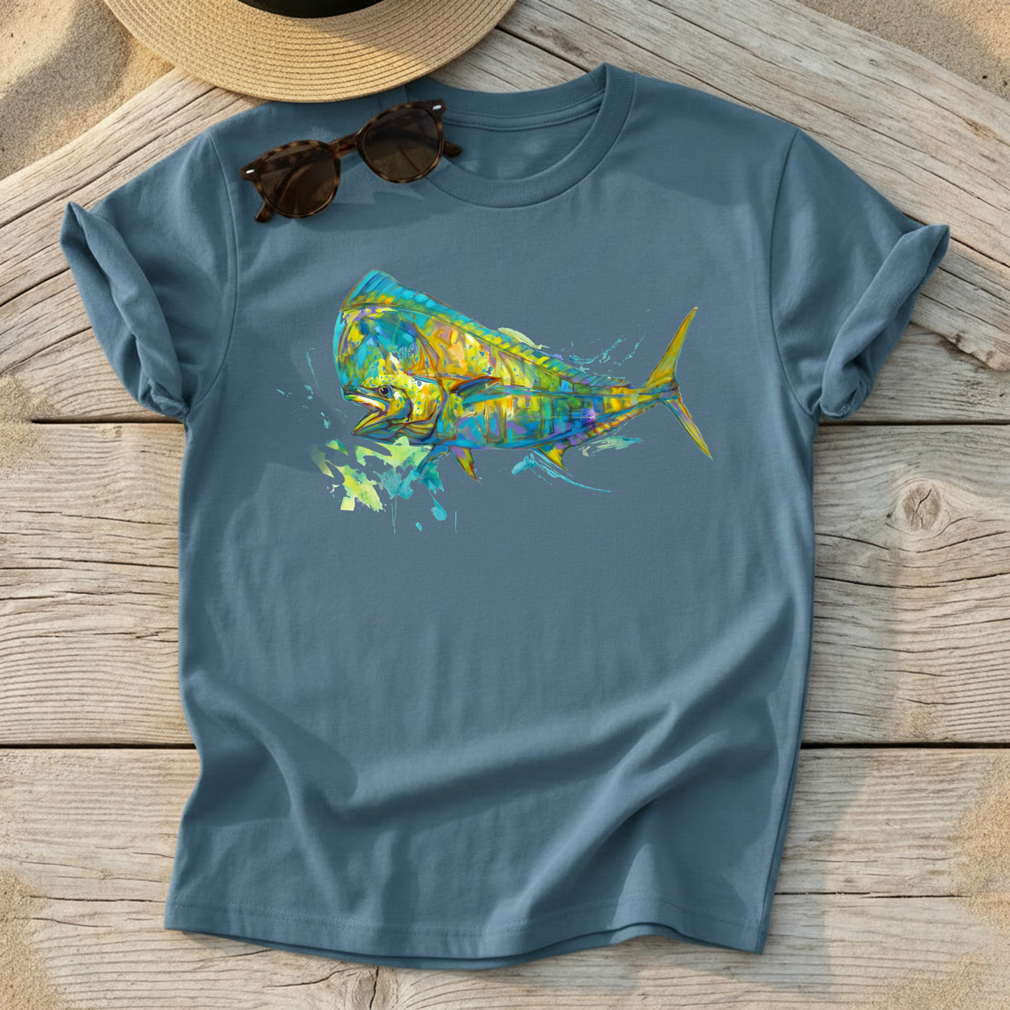 Bluewater Gold Mahi Art Tee — mahi-mahi fishing shirt, offshore fishing apparel, Love My Oceans
