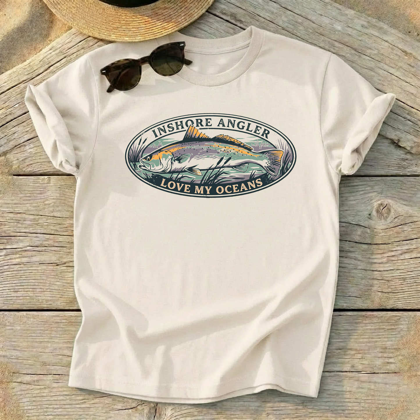 Inshore Angler Speckled Trout Tee — speckled trout fishing shirt, inshore saltwater apparel, Love My Oceans