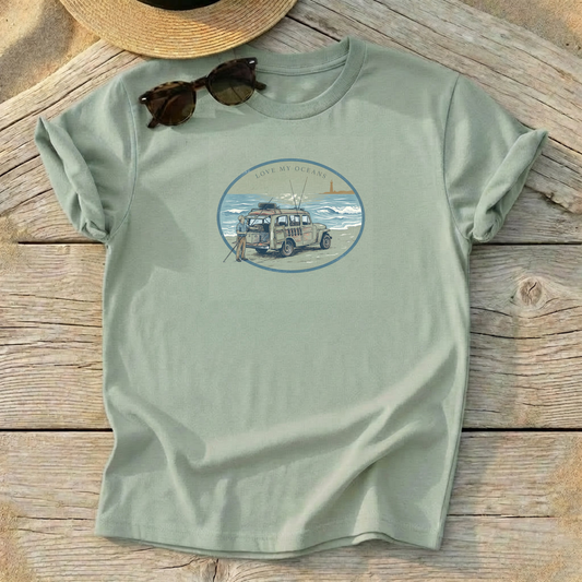 Cape Surfcaster Beach Buggy Tee — surf fishing shirt, coastal lifestyle apparel, Love My Oceans