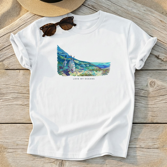 Permit on the Flats Tee — permit fishing shirt, coastal conservation apparel, Love My Oceans