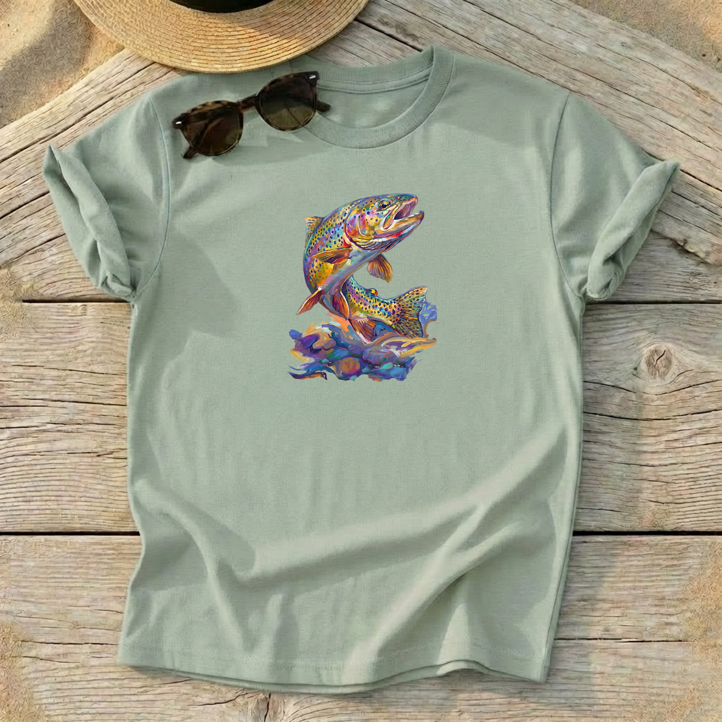 Rainbow Trout Rising Tee — fly fishing shirt, colorful trout apparel, Love My Oceans