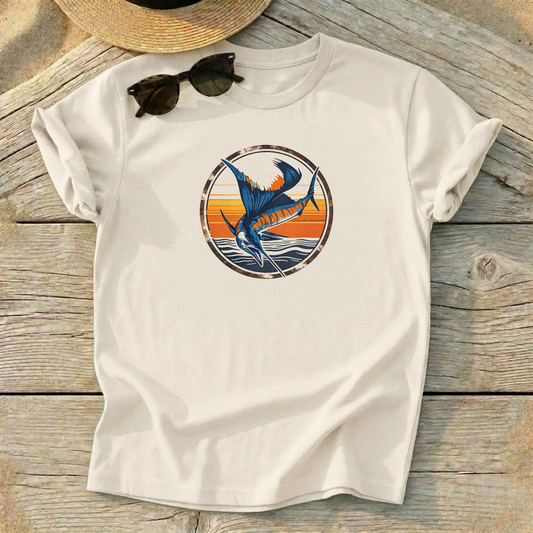 Sailfish Sunset Badge Tee — offshore sailfish fishing shirt, coastal apparel, Love My Oceans