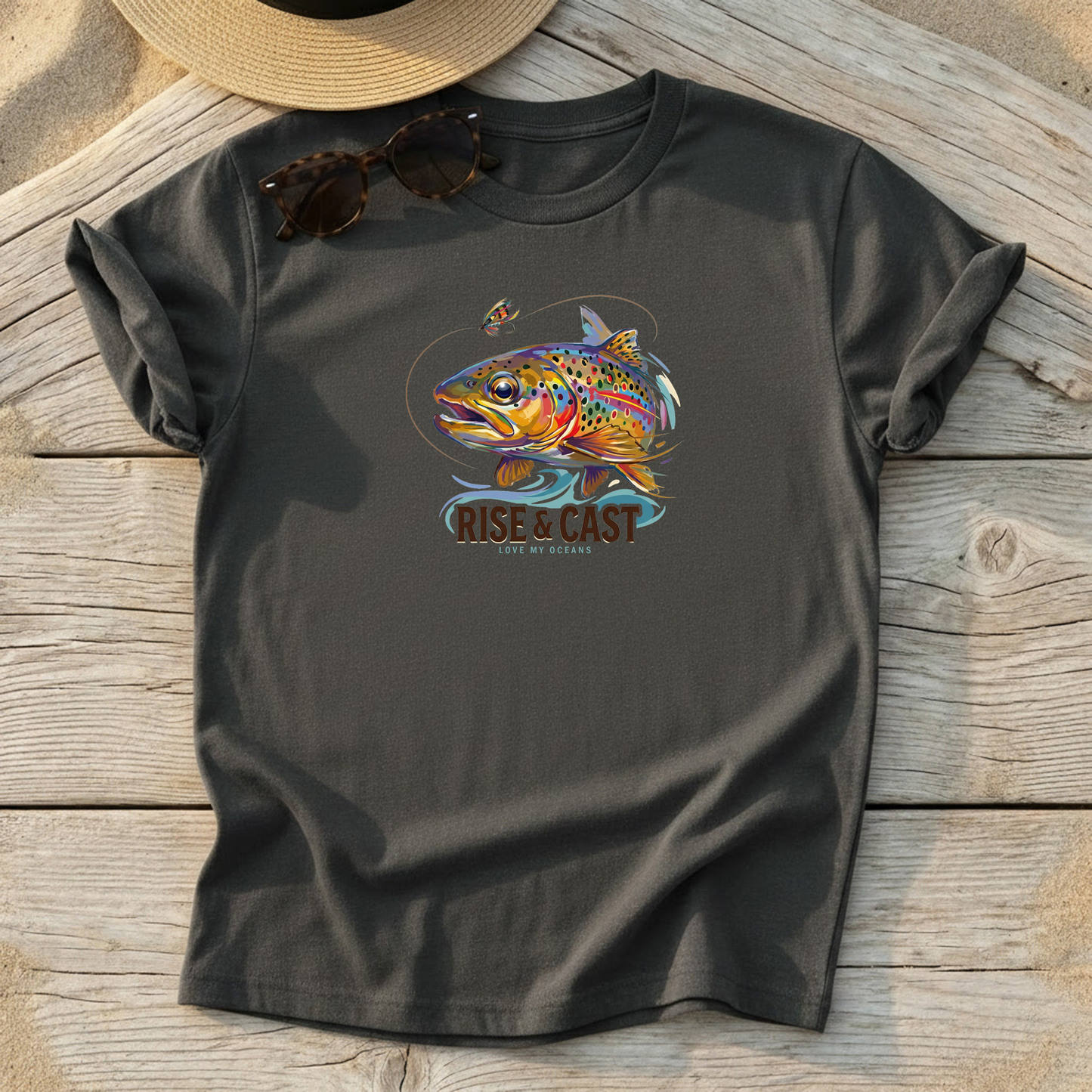Rise & Cast Trout Tee — fly fishing trout shirt, freshwater angler apparel, Love My Oceans