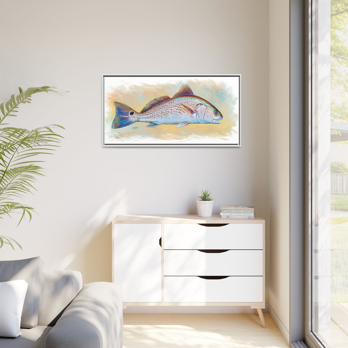 Redfish Illustration — Coastal Gamefish Framed Canvas Art by Mike Savlen