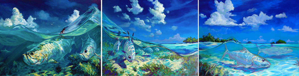 Permit, tarpon and bonefish canvas wall art set by Mike Savlen — flats grand slam painting