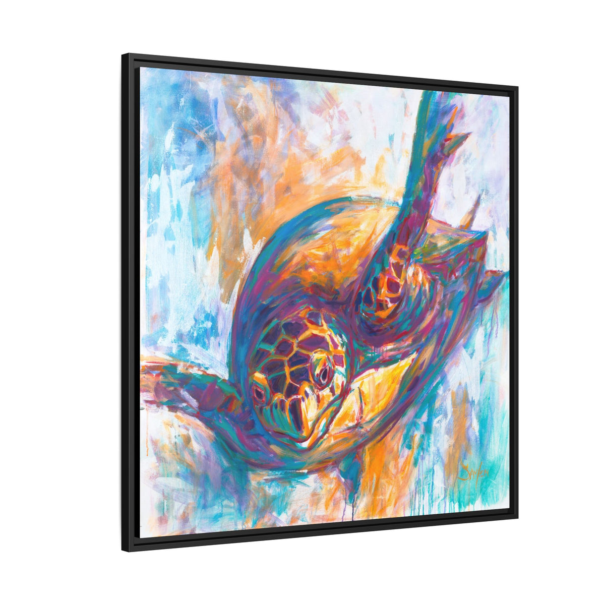 Framed Hawksbill sea turtle painting print, marine life wall art by Love My Oceans