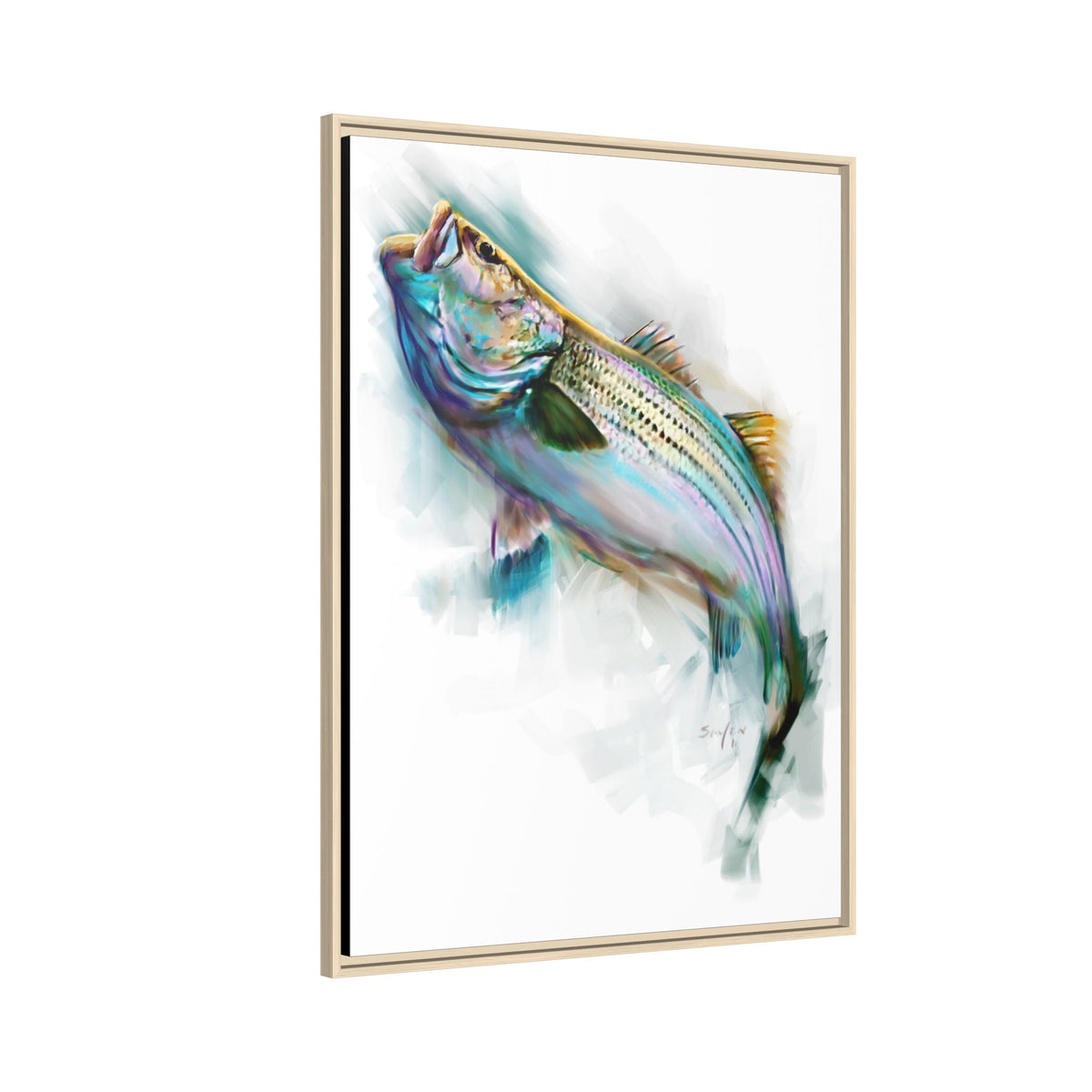 Striper Rise striped bass framed art print, side detail of the canvas and floater frame