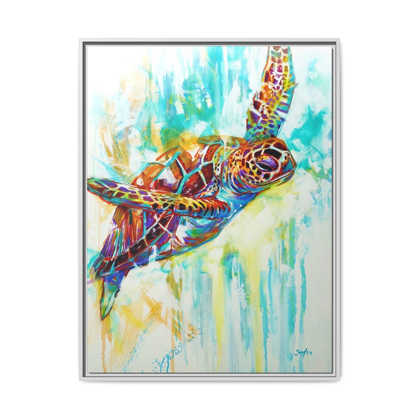 Ascension - Expressionist Hawksbill Sea Turtle - Colorful Framed Art Print by Mike Savlen