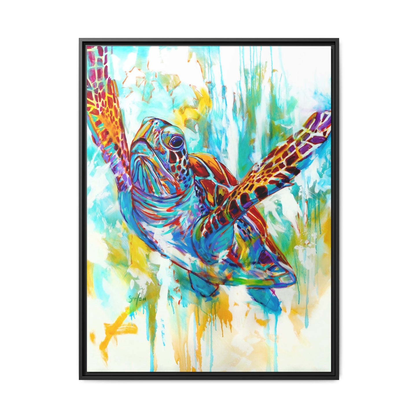 Freedom - Expressionist Hawksbill Sea Turtle - Colorful Framed Art Print by Mike Savlen