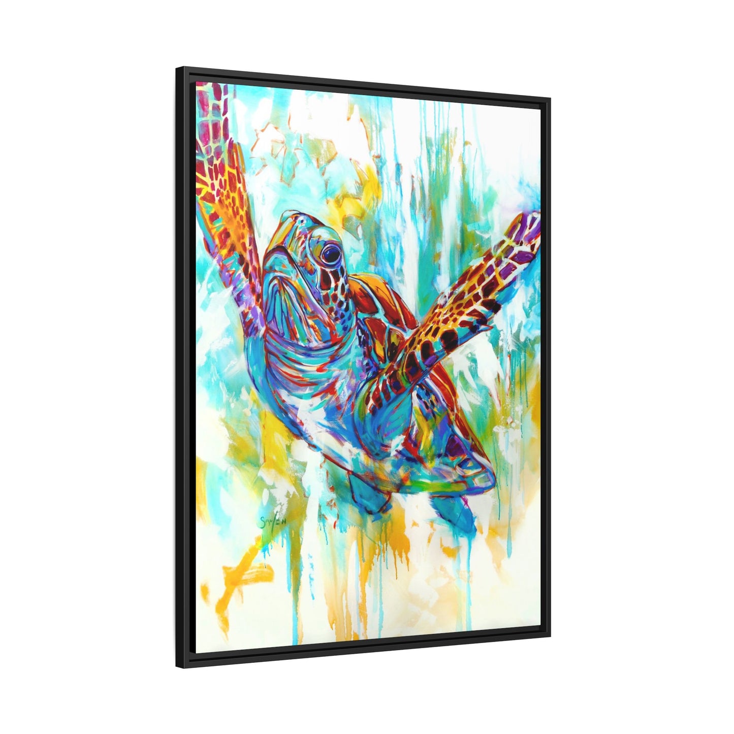 Freedom - Expressionist Hawksbill Sea Turtle - Colorful Framed Art Print by Mike Savlen