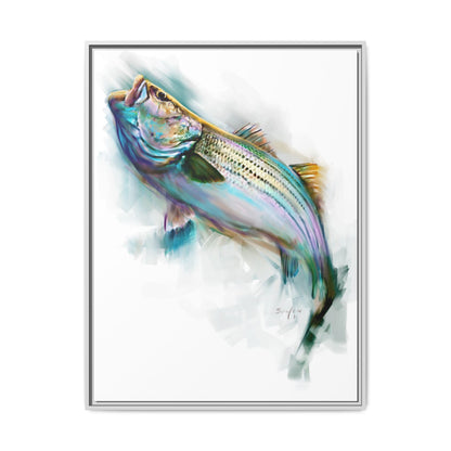Striper Rise — Striped Bass Framed Art Print by Mike Savlen