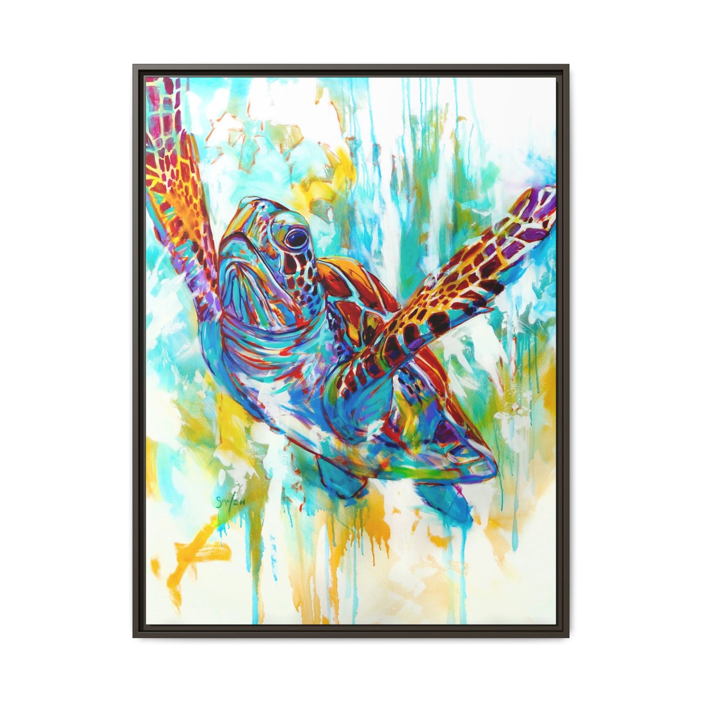 Freedom - Expressionist Hawksbill Sea Turtle - Colorful Framed Art Print by Mike Savlen