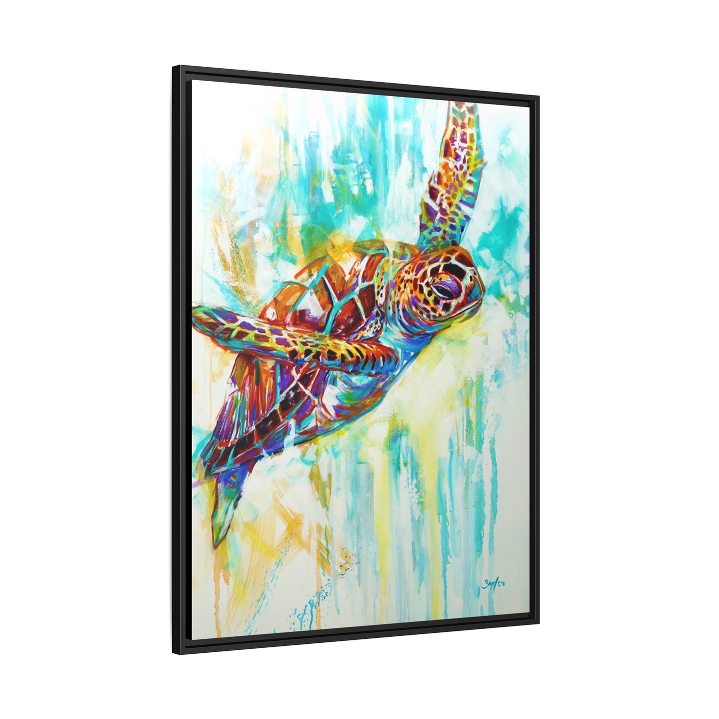 Ascension - Expressionist Hawksbill Sea Turtle - Colorful Framed Art Print by Mike Savlen