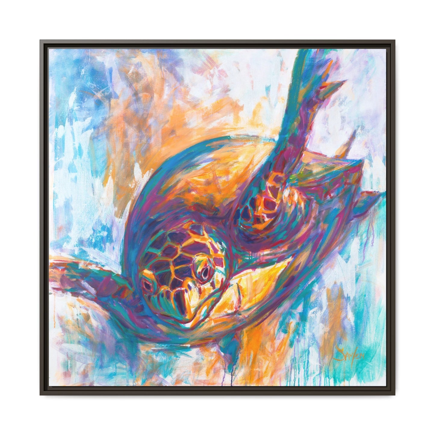 Expressionist Hawksbill - Colorful Sea Turtle Framed Art Print by Mike Savlen