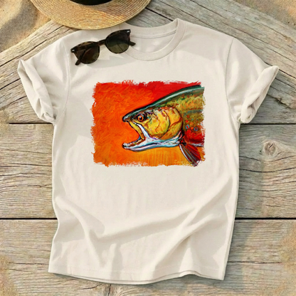 Brookie Brook Trout Art Tee by Mike Savlen — fly fishing shirt, colorful trout apparel, Love My Oceans