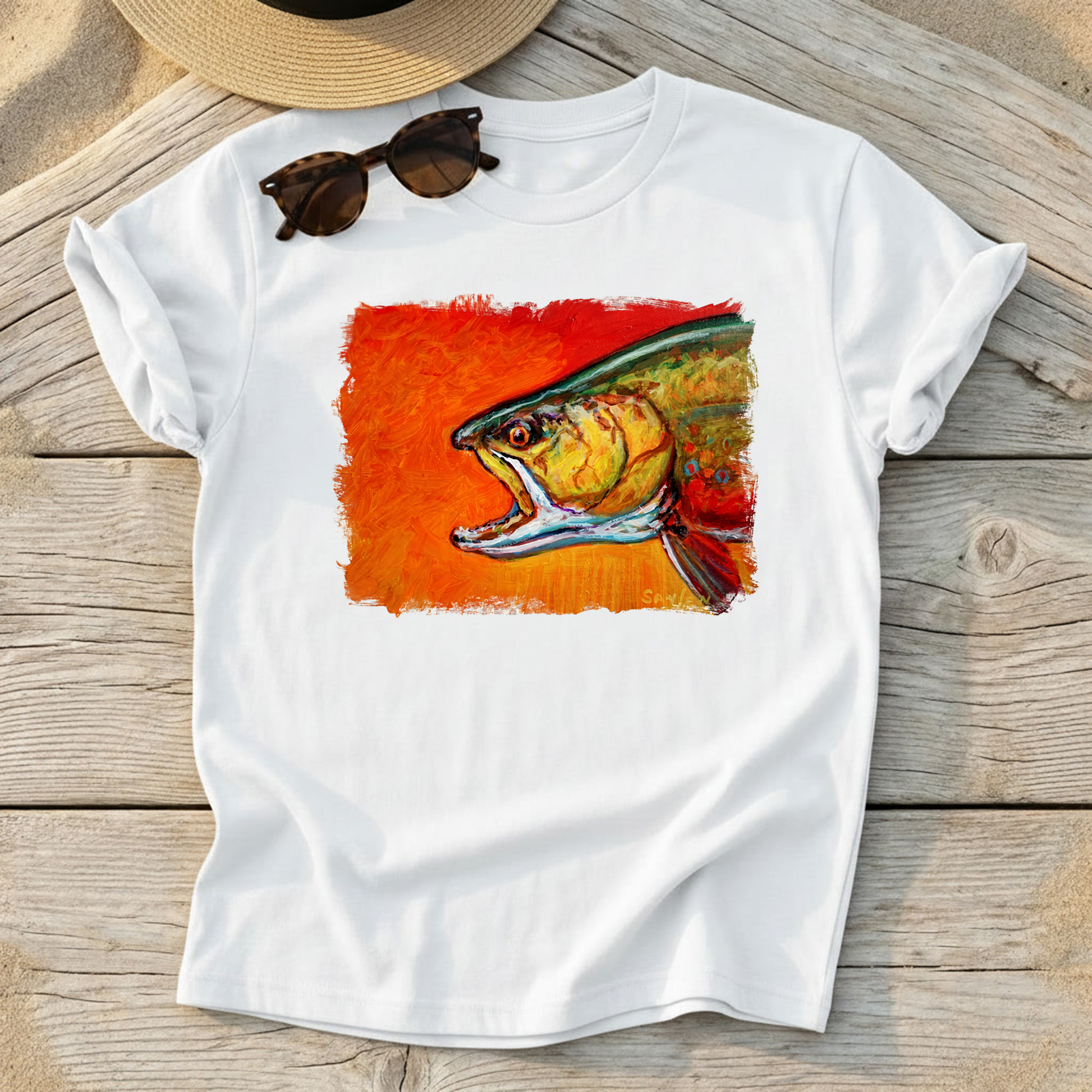 Brookie Brook Trout Art Tee by Mike Savlen — fly fishing shirt, colorful trout apparel, Love My Oceans