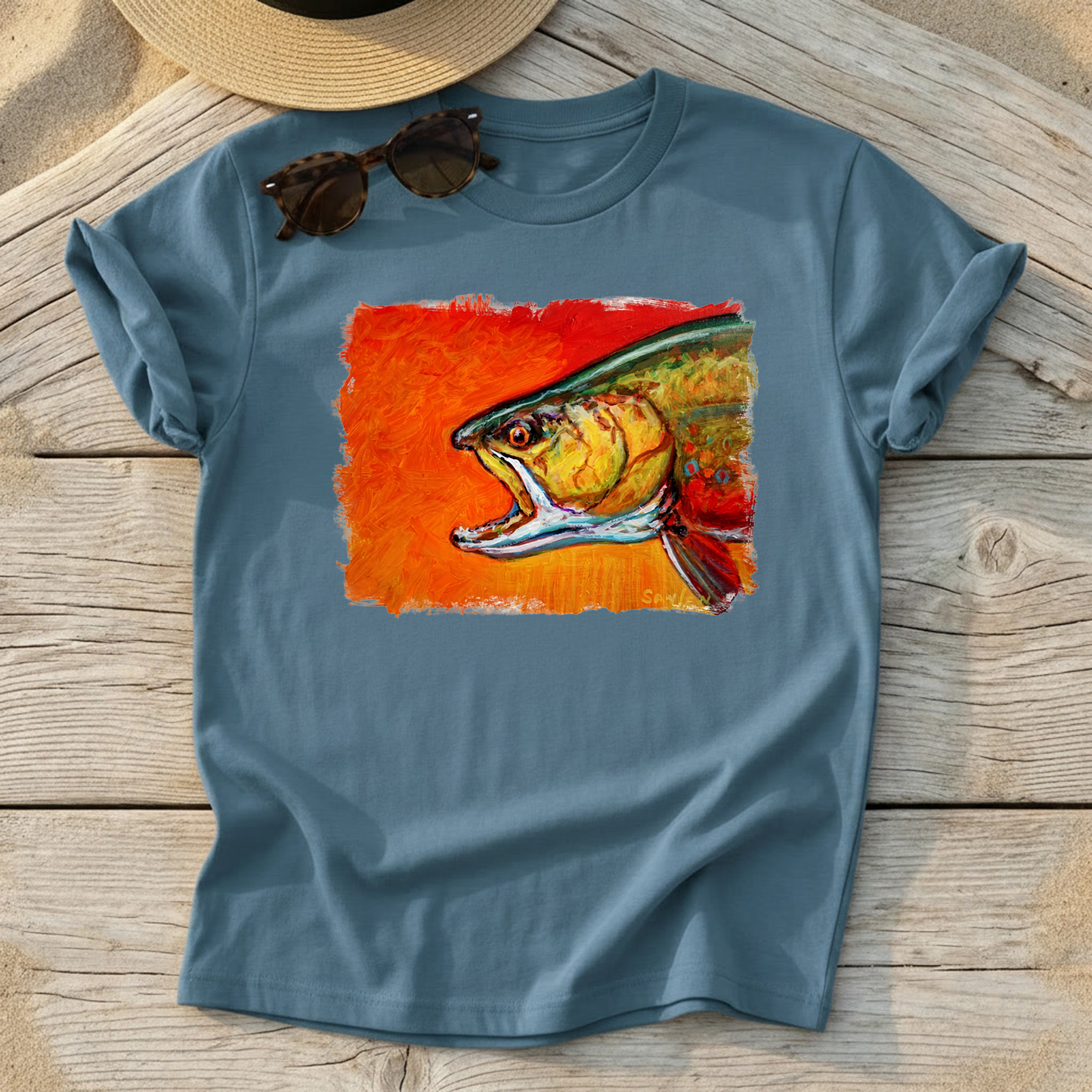 Brookie Brook Trout Art Tee by Mike Savlen — fly fishing shirt, colorful trout apparel, Love My Oceans