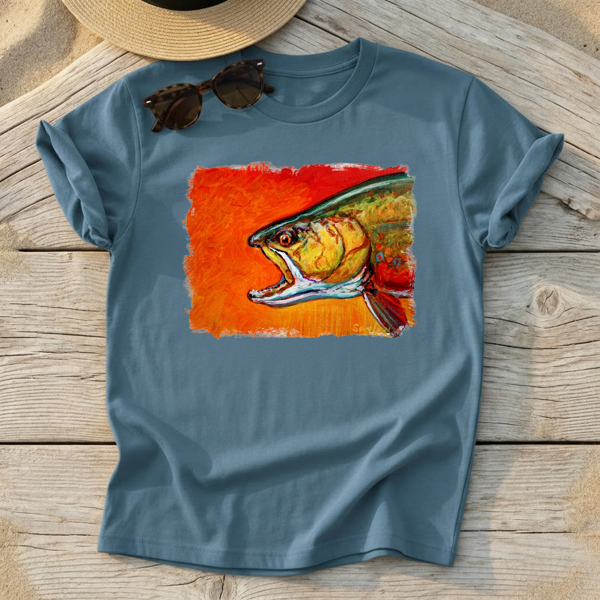 Brookie Brook Trout Art Tee by Mike Savlen — fly fishing shirt, colorful trout apparel, Love My Oceans