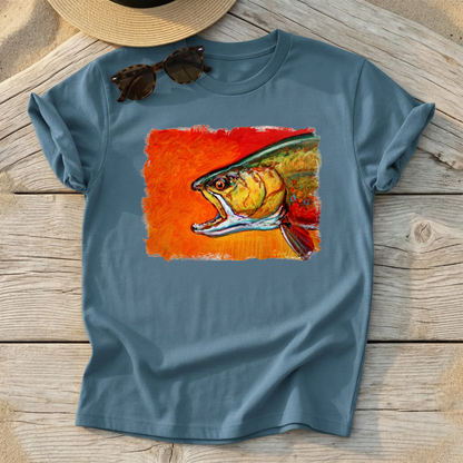 Brookie Brook Trout Art Tee by Mike Savlen — fly fishing shirt, colorful trout apparel, Love My Oceans