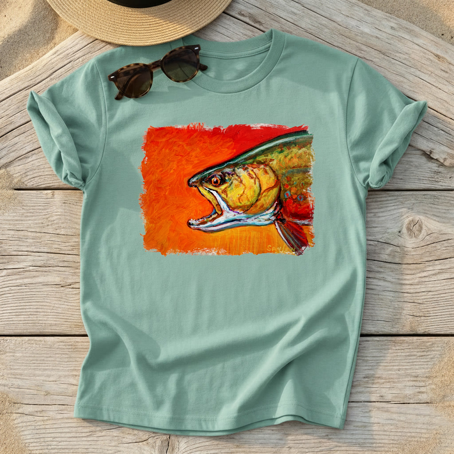 Brookie Brook Trout Art Tee by Mike Savlen — fly fishing shirt, colorful trout apparel, Love My Oceans