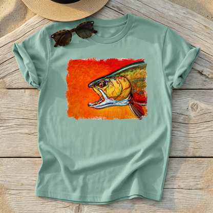 Brookie Brook Trout Art Tee by Mike Savlen — fly fishing shirt, colorful trout apparel, Love My Oceans