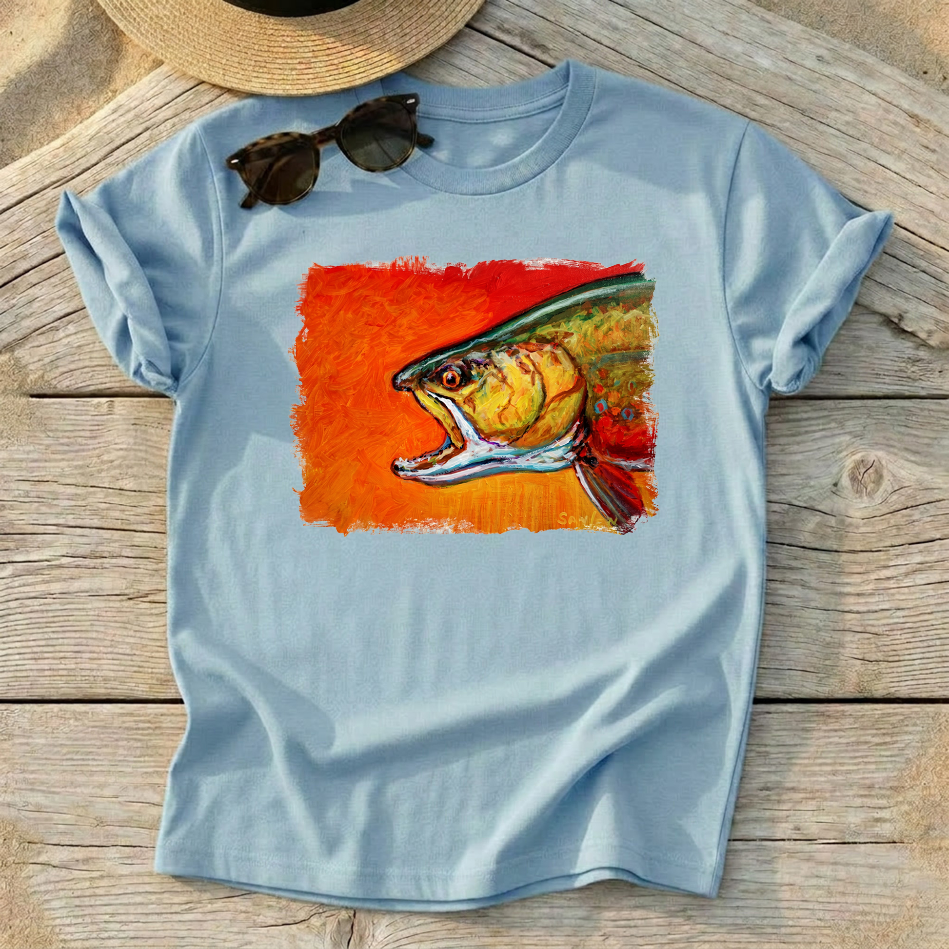 Brookie Brook Trout Art Tee by Mike Savlen — fly fishing shirt, colorful trout apparel, Love My Oceans