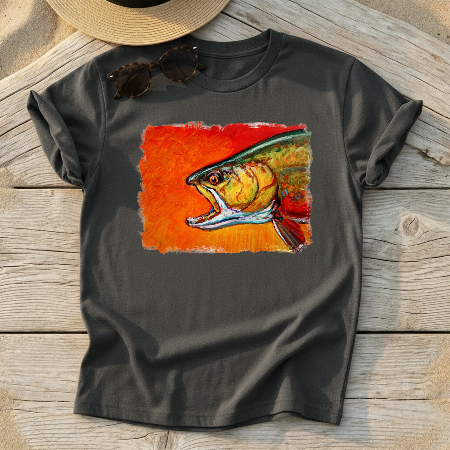 Brookie Brook Trout Art Tee by Mike Savlen — fly fishing shirt, colorful trout apparel, Love My Oceans