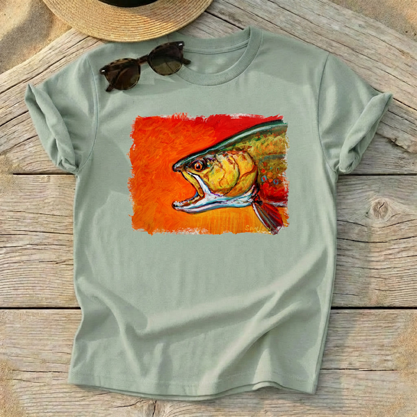 Brookie Brook Trout Art Tee by Mike Savlen — fly fishing shirt, colorful trout apparel, Love My Oceans