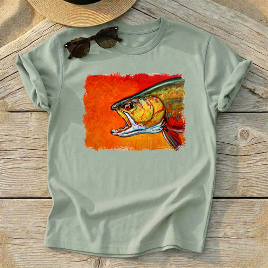 Brookie Brook Trout Art Tee by Mike Savlen — fly fishing shirt, colorful trout apparel, Love My Oceans