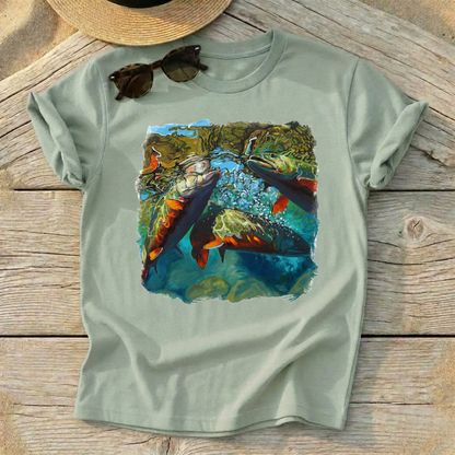 Brook Trout Mêlée Art Tee by Mike Savlen — colorful fly fishing shirt, freshwater angler apparel, Love My Oceans