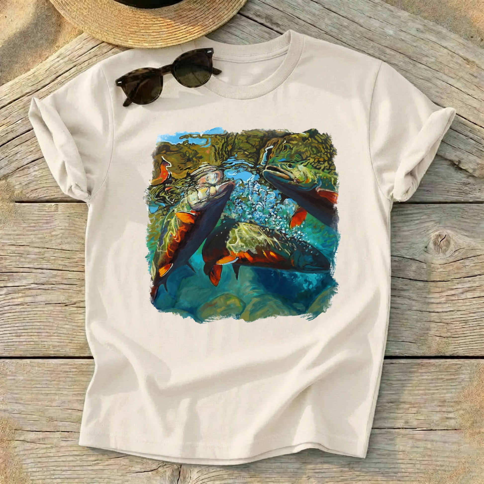 Brook Trout Mêlée Art Tee by Mike Savlen — colorful fly fishing shirt, freshwater angler apparel, Love My Oceans