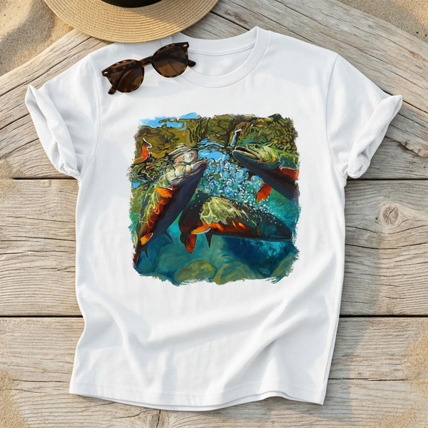 Brook Trout Mêlée Art Tee by Mike Savlen — colorful fly fishing shirt, freshwater angler apparel, Love My Oceans