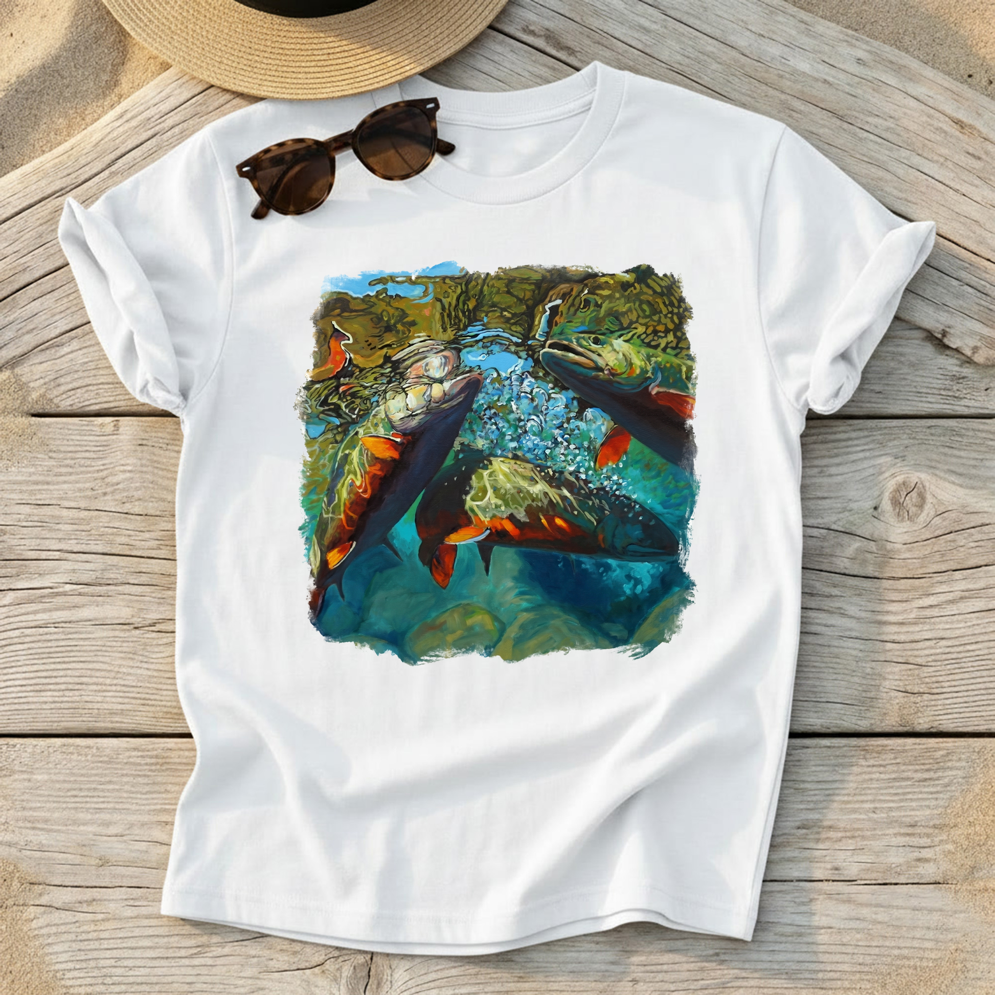 Brook Trout Mêlée Art Tee by Mike Savlen — colorful fly fishing shirt, freshwater angler apparel, Love My Oceans