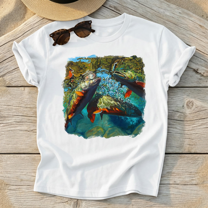 Brook Trout Mêlée Art Tee by Mike Savlen — colorful fly fishing shirt, freshwater angler apparel, Love My Oceans