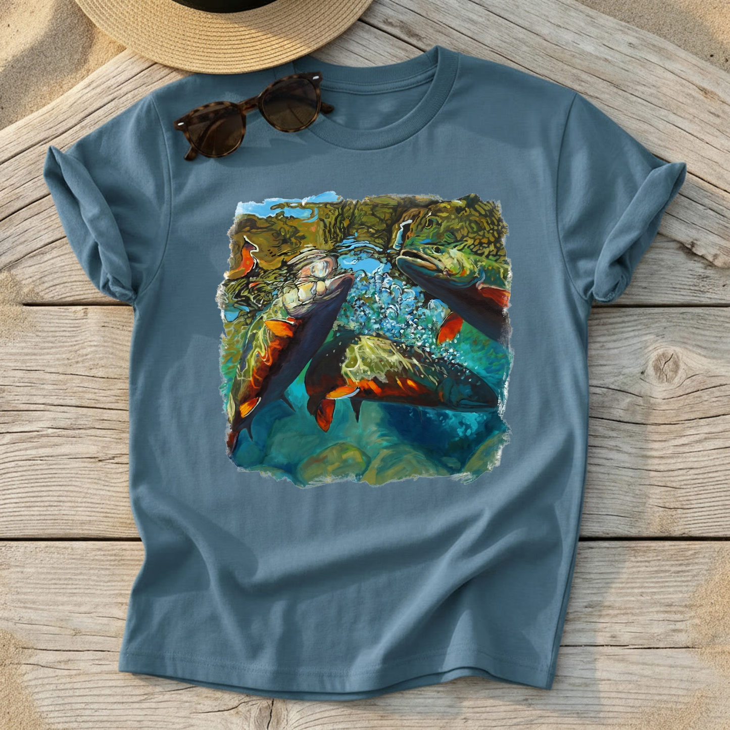 Brook Trout Mêlée Art Tee by Mike Savlen — colorful fly fishing shirt, freshwater angler apparel, Love My Oceans