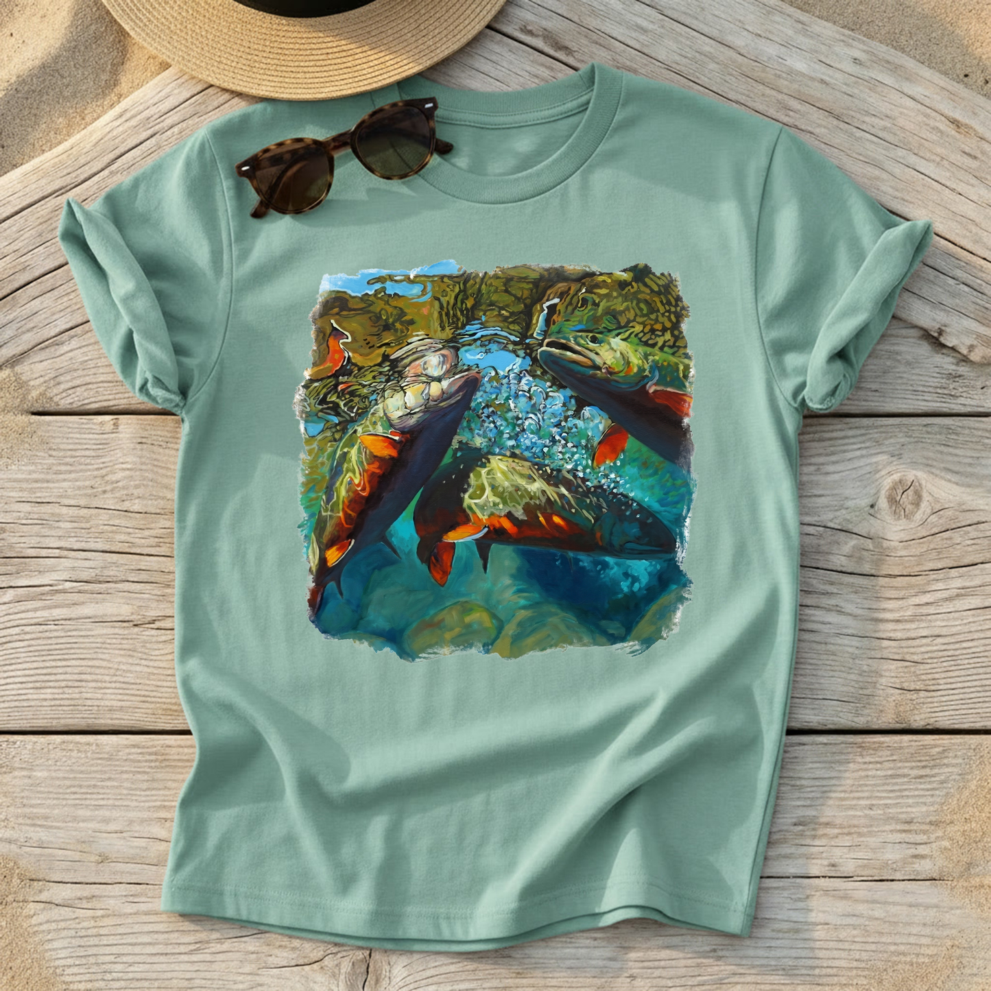 Brook Trout Mêlée Art Tee by Mike Savlen — colorful fly fishing shirt, freshwater angler apparel, Love My Oceans