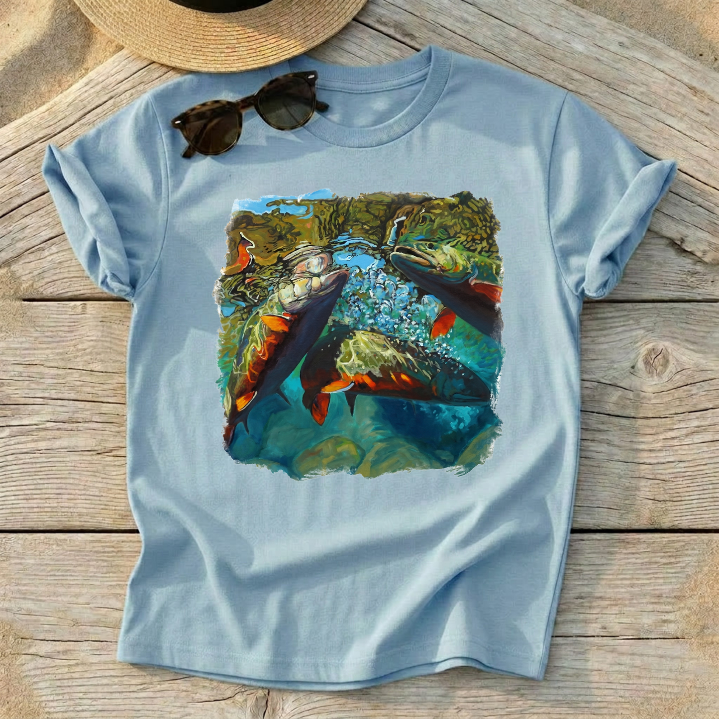 Brook Trout Mêlée Art Tee by Mike Savlen — colorful fly fishing shirt, freshwater angler apparel, Love My Oceans