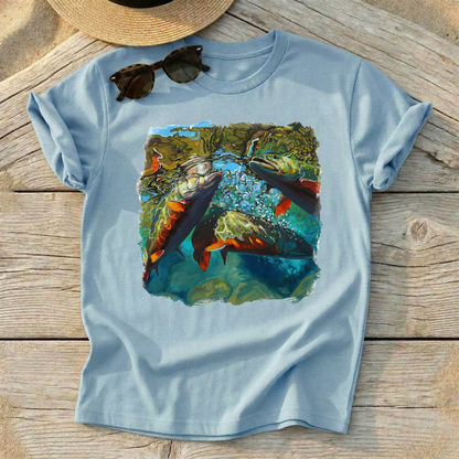Brook Trout Mêlée Art Tee by Mike Savlen — colorful fly fishing shirt, freshwater angler apparel, Love My Oceans