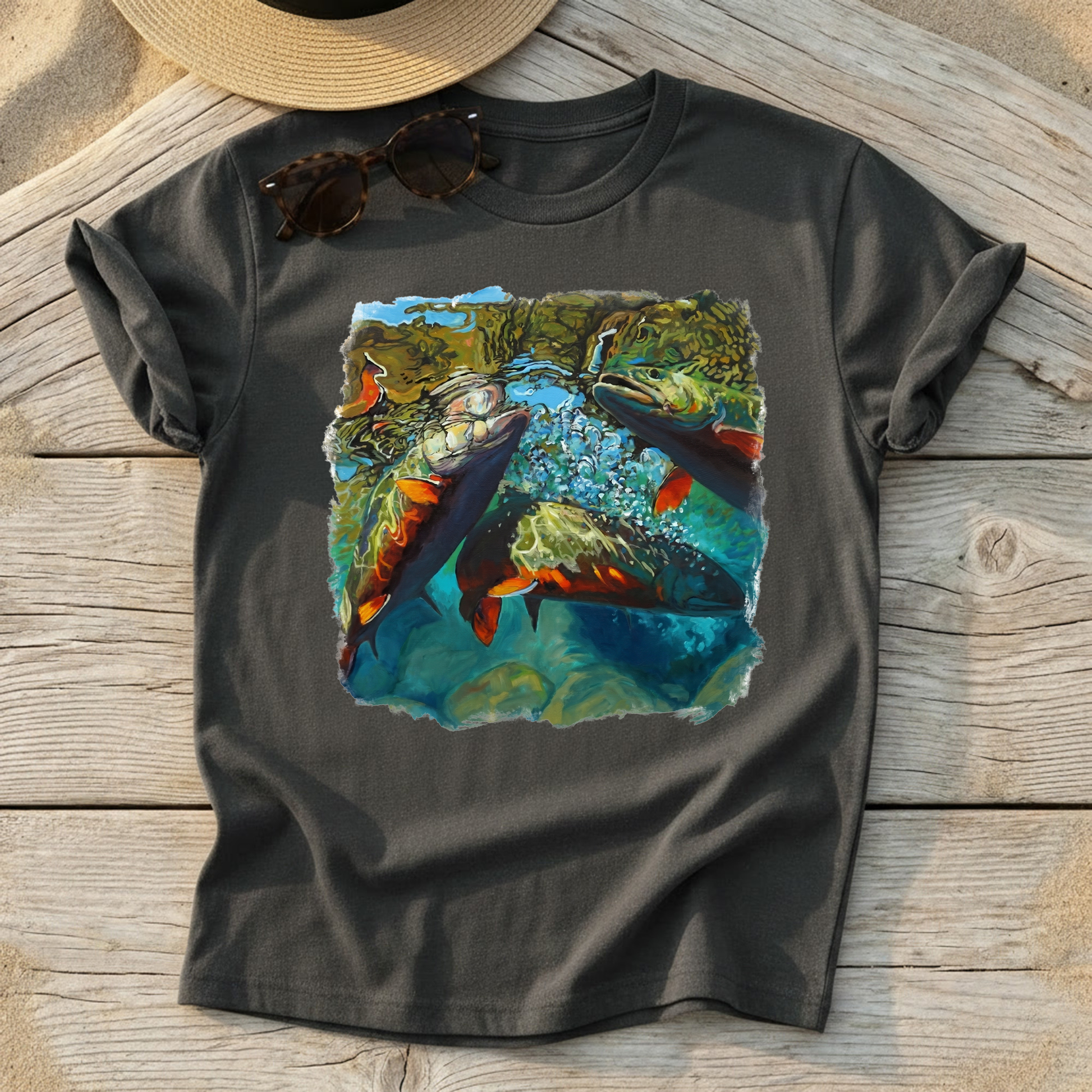 Brook Trout Mêlée Art Tee by Mike Savlen — colorful fly fishing shirt, freshwater angler apparel, Love My Oceans