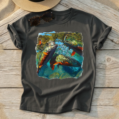 Brook Trout Mêlée Art Tee by Mike Savlen — colorful fly fishing shirt, freshwater angler apparel, Love My Oceans