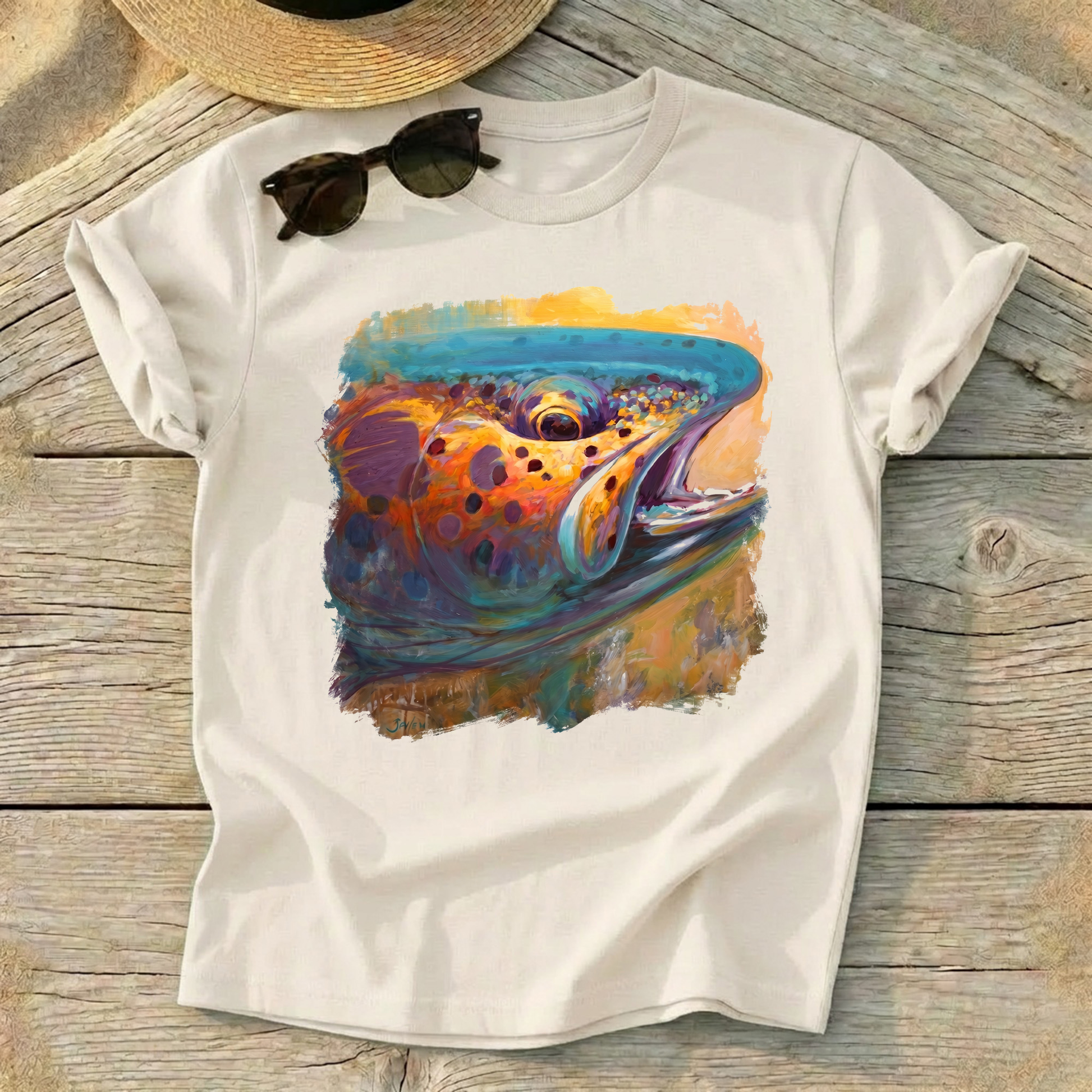 Fire From Water Rainbow Trout Art Tee by Mike Savlen — fly fishing shirt, colorful trout apparel, Love My Oceans