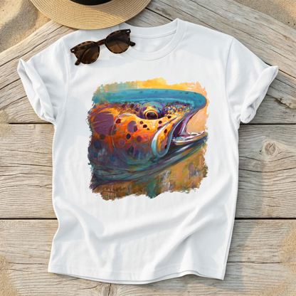 Fire From Water Rainbow Trout Art Tee by Mike Savlen — fly fishing shirt, colorful trout apparel, Love My Oceans