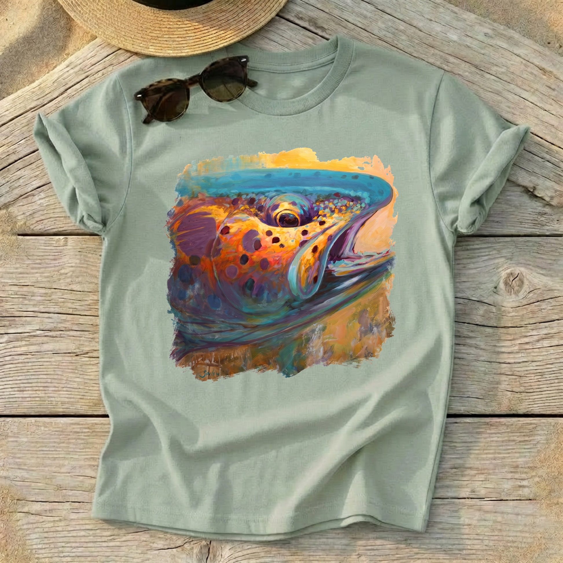 Fire From Water Rainbow Trout Art Tee by Mike Savlen — fly fishing shirt, colorful trout apparel, Love My Oceans