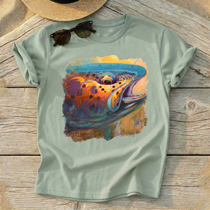 Fire From Water Rainbow Trout Art Tee by Mike Savlen — fly fishing shirt, colorful trout apparel, Love My Oceans