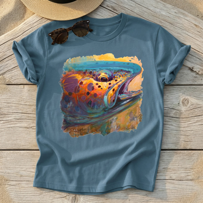 Fire From Water Rainbow Trout Art Tee by Mike Savlen — fly fishing shirt, colorful trout apparel, Love My Oceans