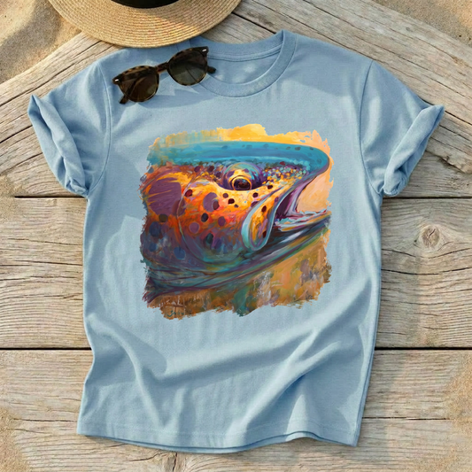 Fire From Water Rainbow Trout Art Tee by Mike Savlen — fly fishing shirt, colorful trout apparel, Love My Oceans