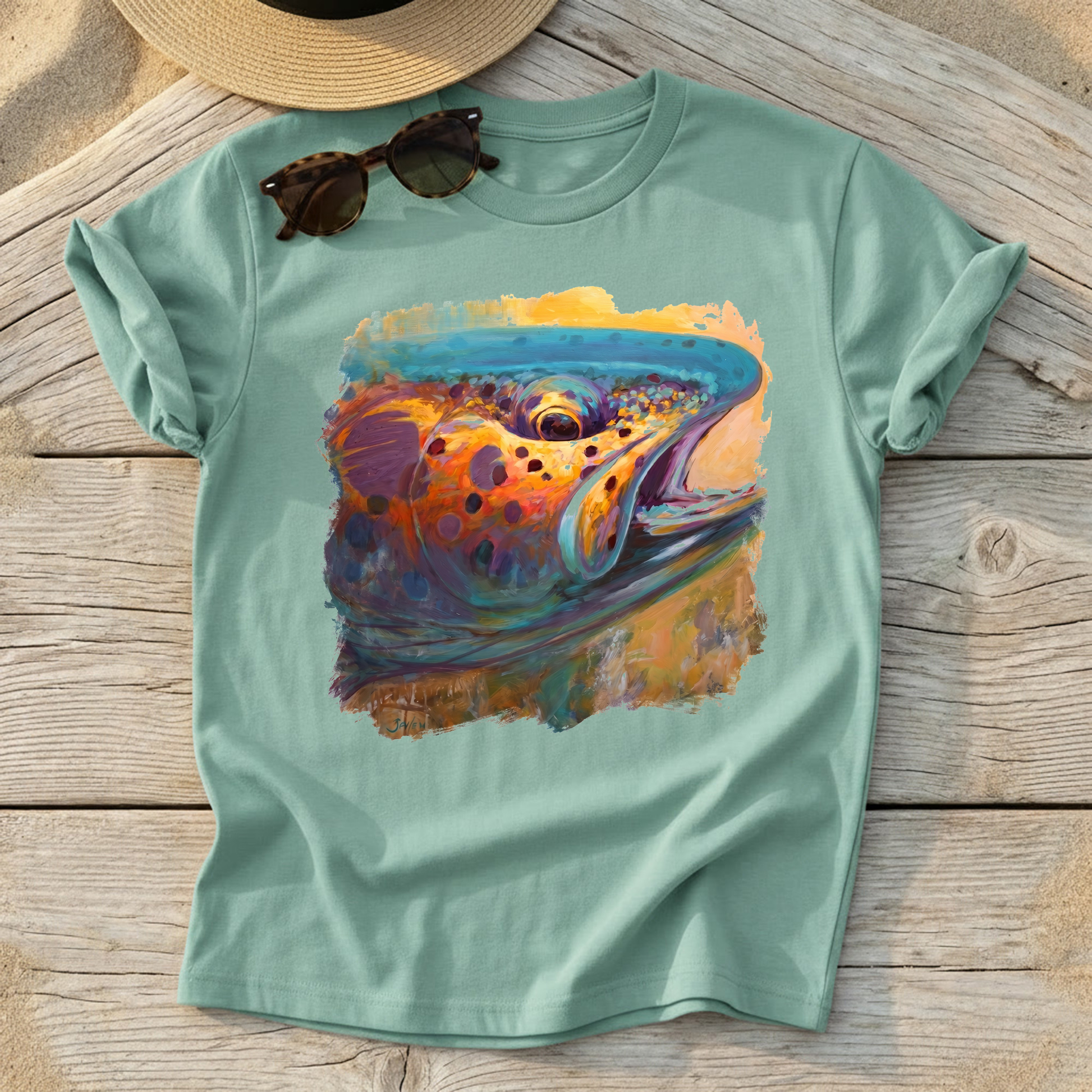 Fire From Water Rainbow Trout Art Tee by Mike Savlen — fly fishing shirt, colorful trout apparel, Love My Oceans