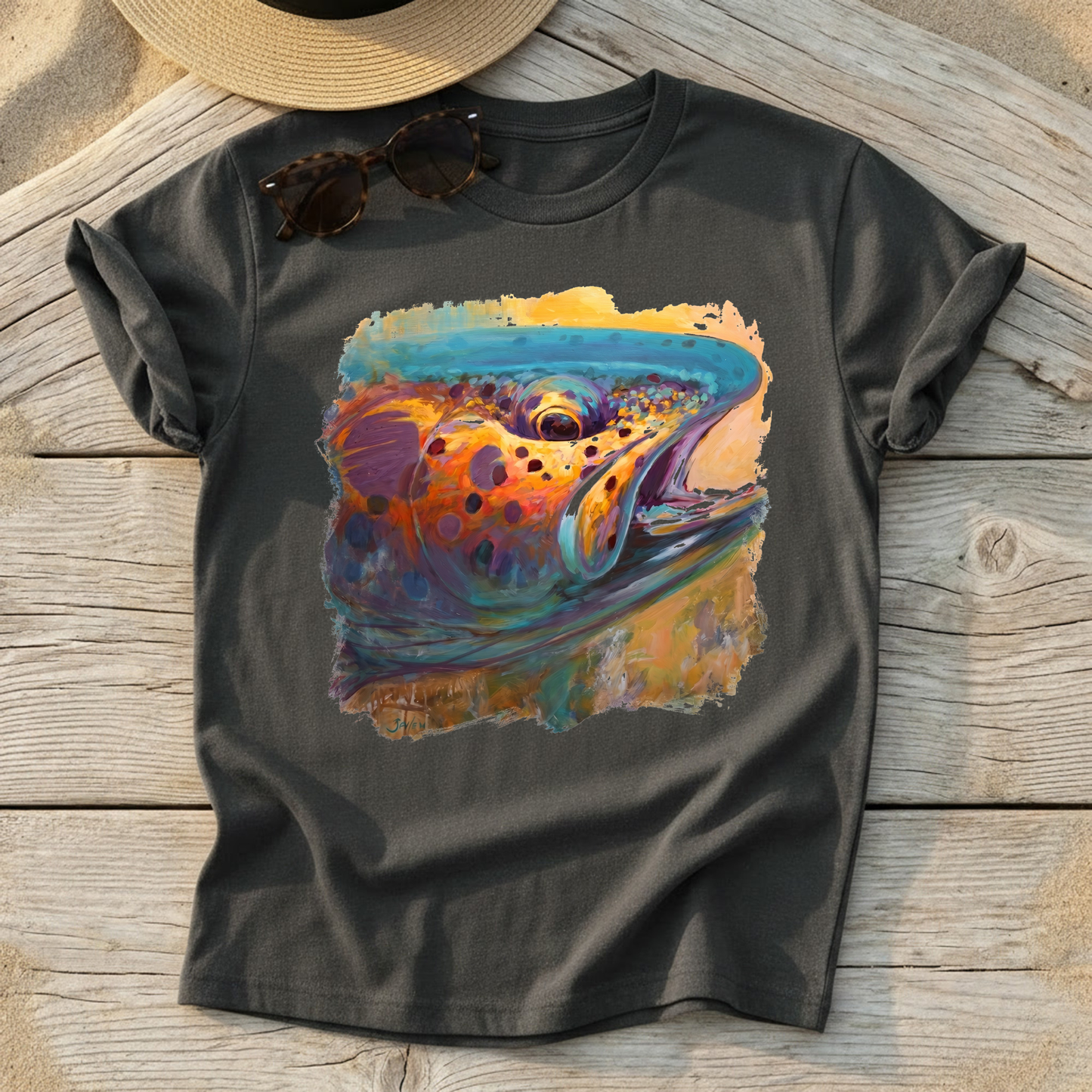 Fire From Water Rainbow Trout Art Tee by Mike Savlen — fly fishing shirt, colorful trout apparel, Love My Oceans