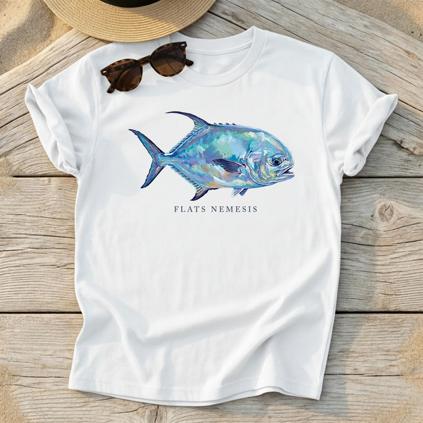 Flats Nemesis Permit Fish Tee — permit fly fishing shirt, flats angler apparel, Love My Oceans