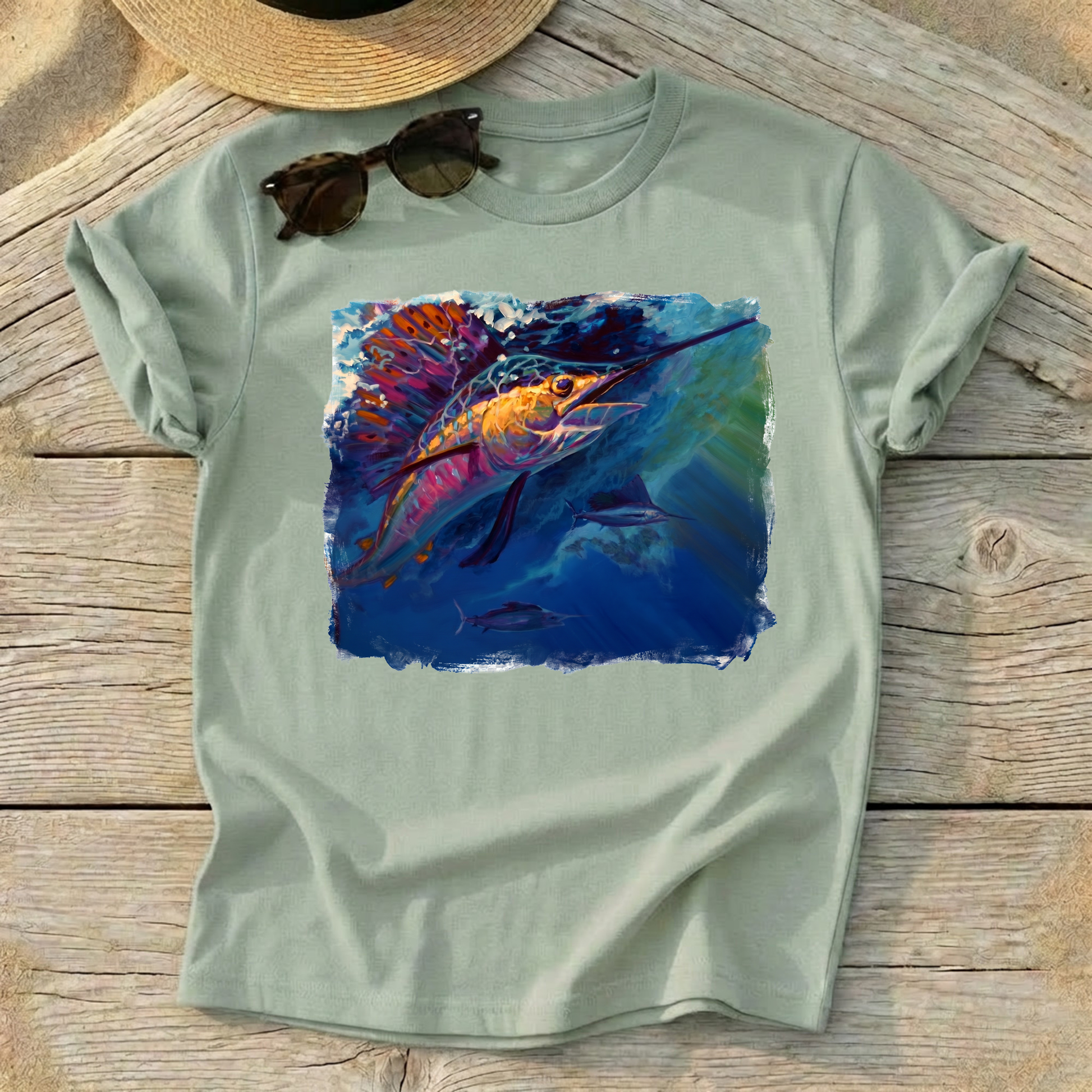 Full Sail Sailfish Art Tee — sailfish fishing shirt, offshore apparel, Love My Oceans